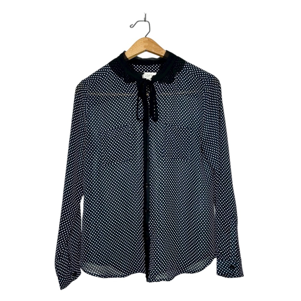 Ann Taylor LOFT Sheer Navy Blue Polka Dot Button Front Tie Neck Blouse Small S